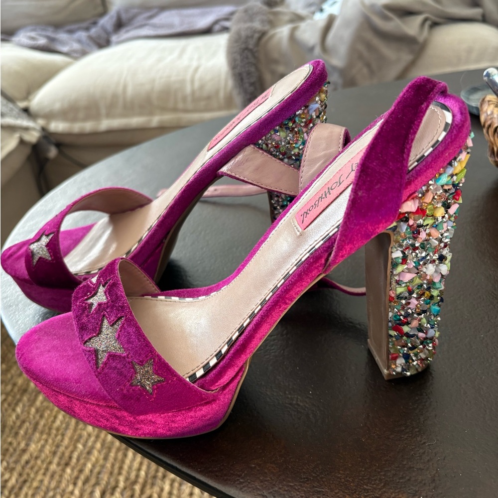 Betsy Johnson Lola Pink Velvet Star-Embellished Heels